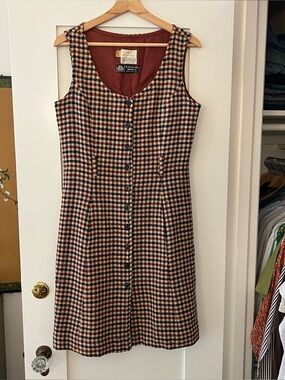 Vintage 1970s Sleeveless 100% Wool Button Front Brown & Black Houndstooth Dress